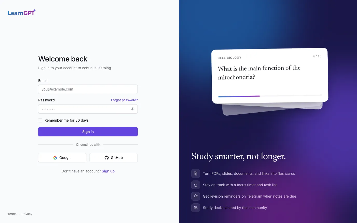 LearnGPT — A platform to learn with AI flashcards, a Pomodoro timer, and a Telegram bot for on-the-go studying